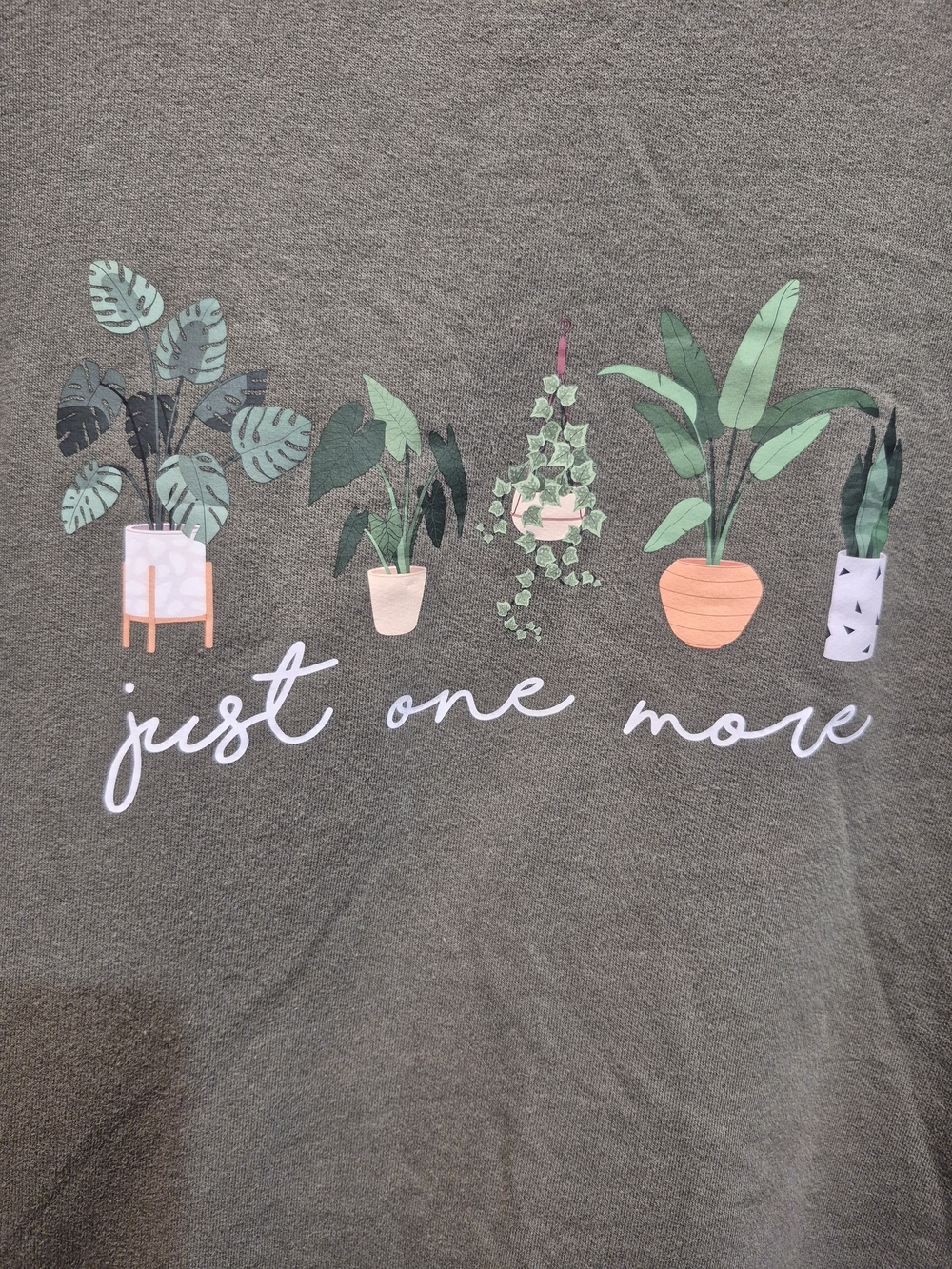 'Just One More' Plant Graphic Olive Sweatshirt Womens Size Medium Cozy - Picture 2 of 6